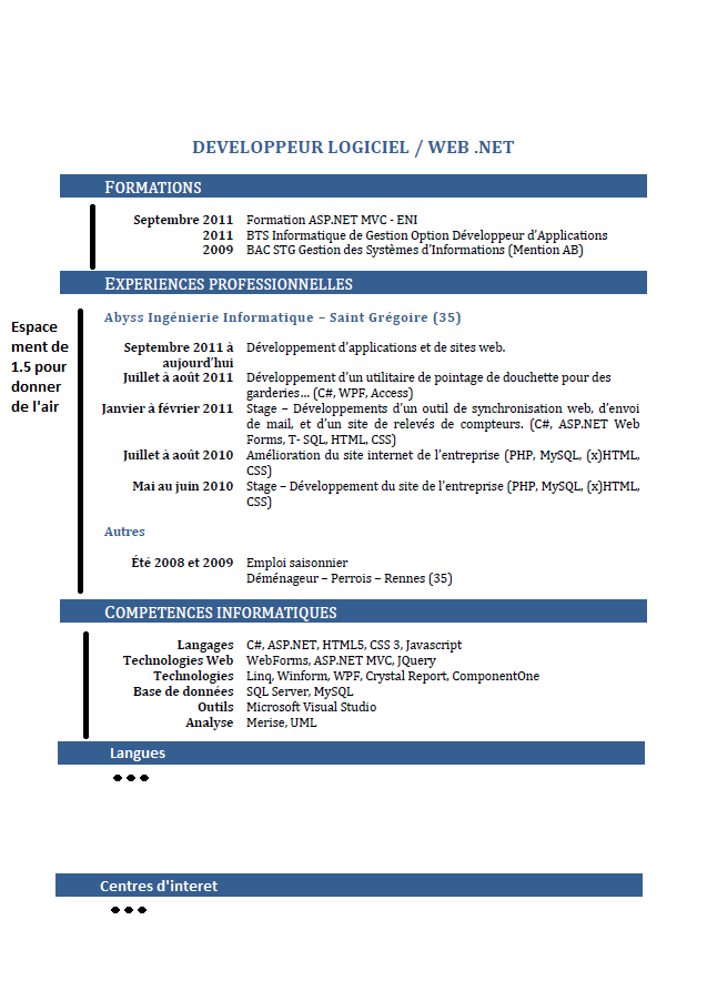 CV Consultant developpeur N°19041  Exemple de CV Consultant developpeur 