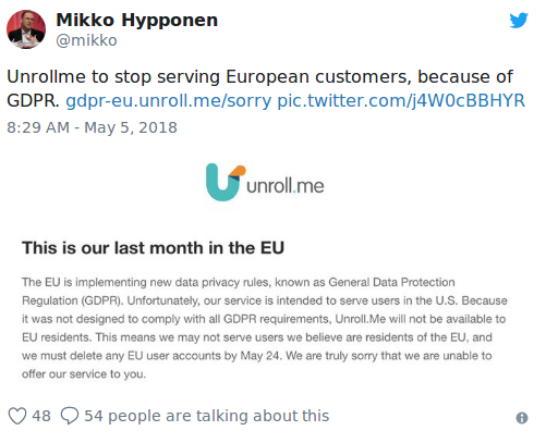 Nom : Screenshot-2018-5-6 Unroll me to close to EU users saying it cant comply with GDPR.png
Affichages : 4873
Taille : 87,5 Ko