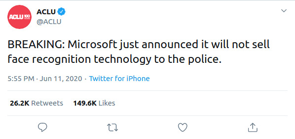 Nom : Screenshot_2020-06-17 ACLU on Twitter BREAKING Microsoft just announced it will not sell face re.png
Affichages : 2614
Taille : 21,7 Ko