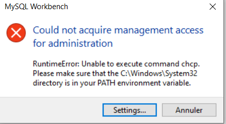 Error could not access. Could not acquire Management access for Administration MYSQL workbench. Unable to execute Command CHCP MYSQL. Ошибка воркбенч. В MYSQL ошибка could not acquire.