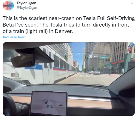L'Autopilot de Tesla fait pratiquement foncer un Model 3 sur un tramway  venant en sens inverse, l'option « Full Self-Driving » était activée