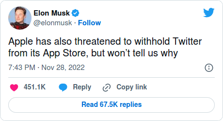 Nom : Screenshot_2022-11-29 Elon Musk says Apple has threatened to withhold Twitter from the App Sto.png
Affichages : 3039
Taille : 26,6 Ko