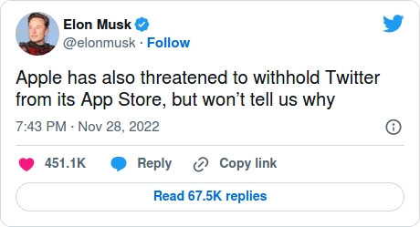Nom : Screenshot_2022-11-29 Elon Musk says Apple has threatened to withhold Twitter from the App Sto.png
Affichages : 4138
Taille : 26,6 Ko